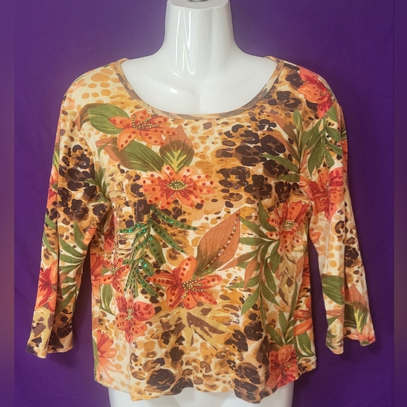 Cheetah print orange floral sequence blouse - Picture 1 of 7